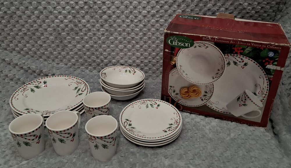 Gibson Everyday Christmas Holly Dinner Set Svc for 4 Plates Bowls Cups Saucers